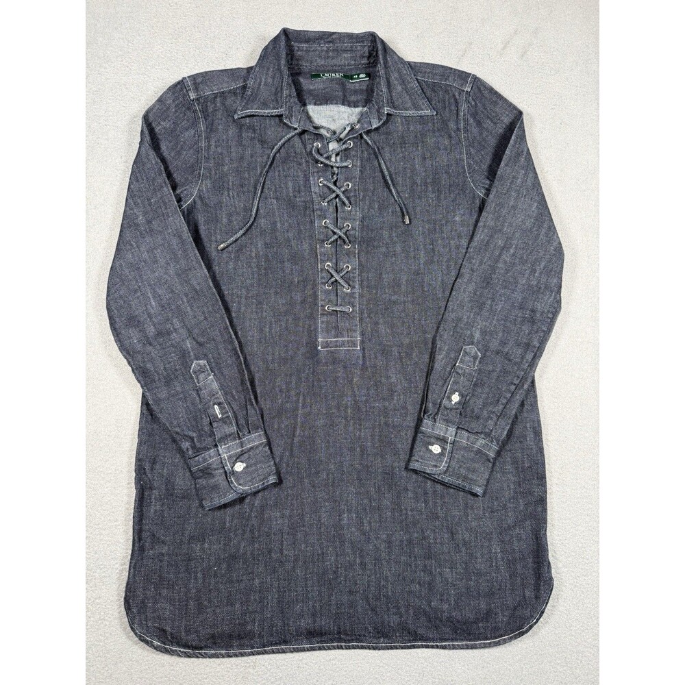 Lauren Ralph Lauren Womens Size S Dark Denim Lace Up V Neck Front Tunic Shirt